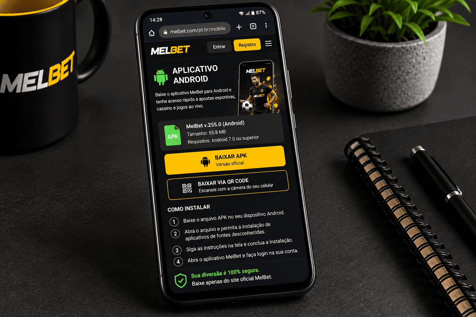 Tela de download e instalação do MelBet APK para Android